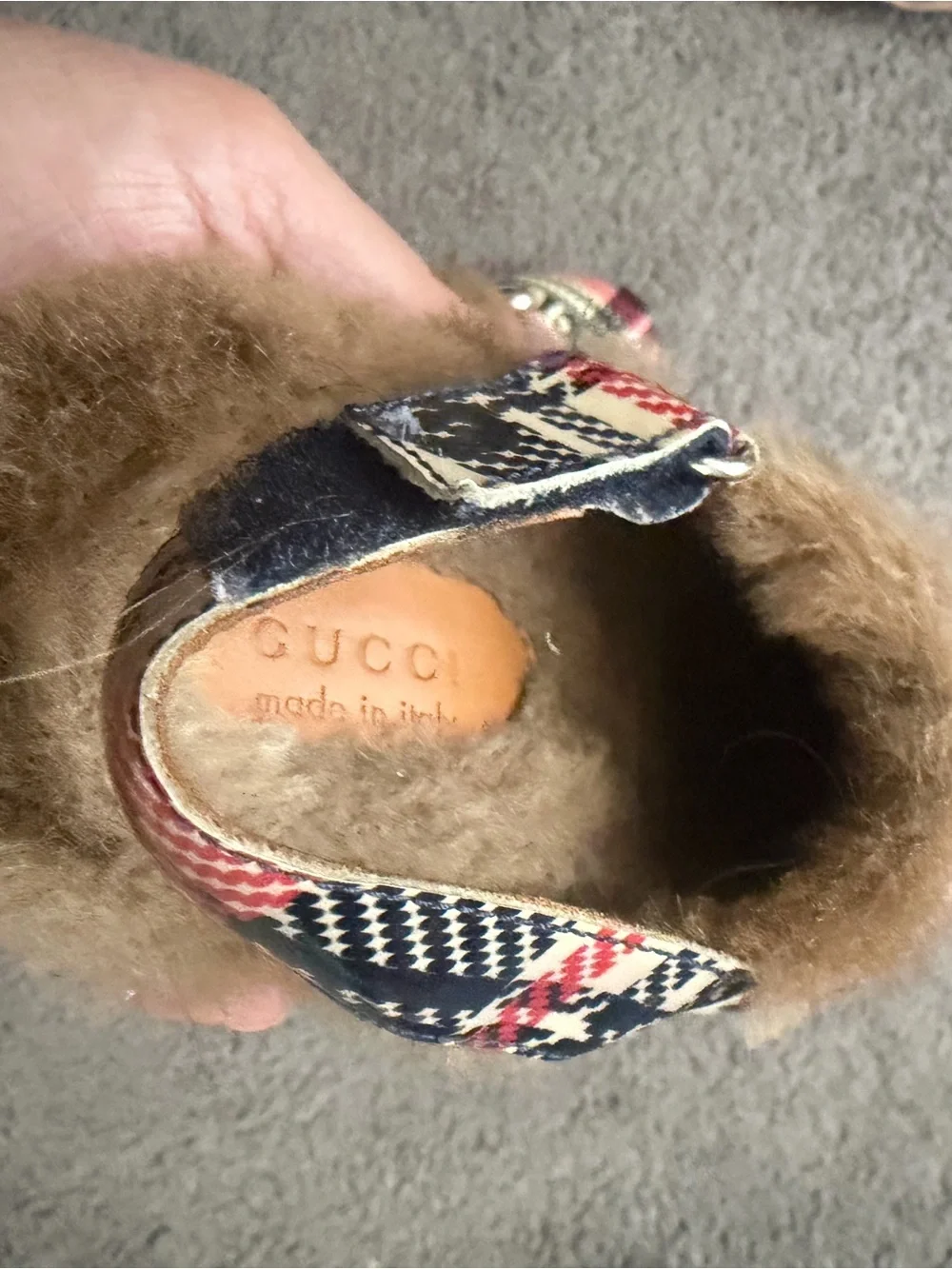 Gucci Kids Red Navy Plaid Fur-Trim Horsebit Clogs